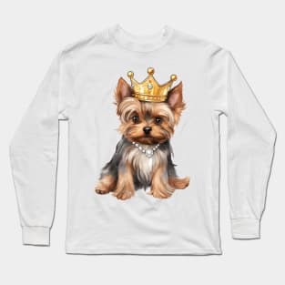 Watercolor Yorkshire Terrier Dog Wearing a Crown Long Sleeve T-Shirt